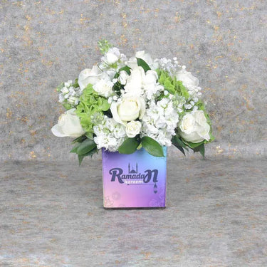 Ramadan Kareem, Flower Arrangement, White Roses, Green Hydrangea, Matthiola, Spray Roses, Baby's Breath, Green Ruscus, Square Glass Vase, Floral Foam